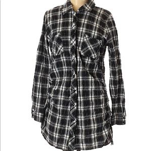 Decree Long Plaid Button Down Top